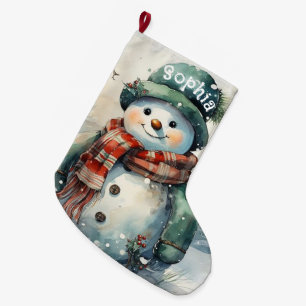 Meia De Natal Grande Boneco de Neve Personalizado Adorável em Aquarela