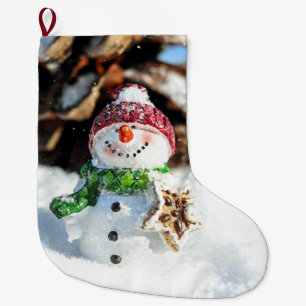 Meia De Natal Grande Boneco de Neve Sorridente Com Chapéu Vermelho