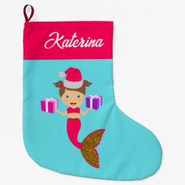 Meia De Natal Grande Bonita Sereia de Natal Santa Chapéu no Mar