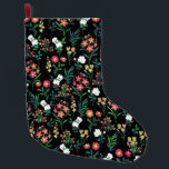 Meia De Natal Grande Bonito Aquarela Preta Floral Botânica<br><div class="desc">Flores elegantes, delicadas e pequenas do jardim, pintam à mão design preto, com uma coleção de rosas brancas, margaridas vermelhas e flores amarelas com várias formas verdes de folha verde pintando à mão, num fundo preto sólido. Um excelente floral de trabalho de arte de natureza botânica especial e única para...</div>