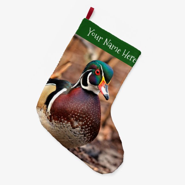 Meia De Natal Grande Bonito Pato de Madeira Masculina na Floresta (Frente (Pendurada))