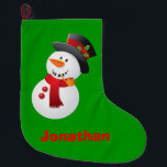Meia De Natal Grande Bonito Snowman Crianças de Natal A Balançar<br><div class="desc">Esta estocagem de Natal tem uma bela imagem de bonitinha na frente com espaço para adicionar seu nome. A parte de trás da estocagem é vermelha. Isso seria perfeito para você mesmo ou como presente. Escolha entre vários estilos diferentes de meias de Natal.</div>