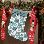 Meia De Natal Grande Bonito Teal Snowman<br><div class="desc">Procurando uma estocada de Natal fofo para pendurar na sua lareira que isso destacaria? Dê uma olhada no nosso especial natal azul Stocking com um padrão uniforme de pranchas de xadrez com vários gráficos como homens de neve, floco de neve, estrela, ornamentos. É perfeito para qualquer um, mas vai parecer...</div>