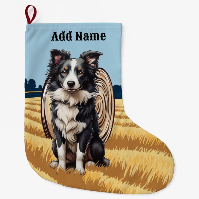 Meia De Natal Grande Borda Collie na Fazenda (Frente)