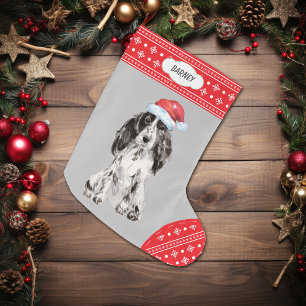 Meia De Natal Grande Borda de Floco de Neve do Cocker Spaniel com Chapé