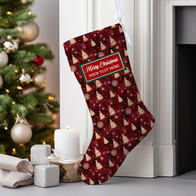 Meia De Natal Grande Borgonha Personalizada e Árvores de Natal Douradas (Personalized Burgundy and Gold Christmas Trees Large Christmas Stocking)