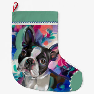 Meia De Natal Grande Boston Terrier Christmas Stocks  Ornamento