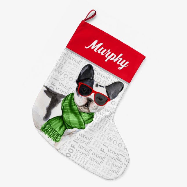 Meia De Natal Grande Boston Terrier de Natal com nome de cão (Frente (Pendurada))