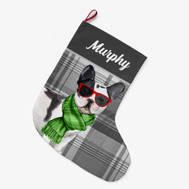 Meia De Natal Grande Boston Terrier e Xadrez com o nome do cão (Frente (Pendurada))