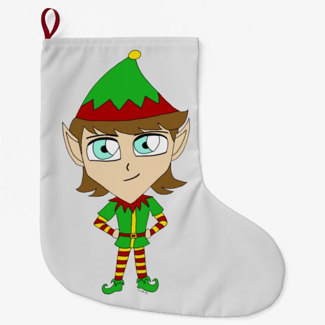 Meia De Natal Grande botão elf de chibi (Frente)