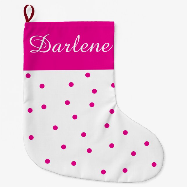 Meia De Natal Grande Branco e Bolinhas Fuchsia: (Frente)