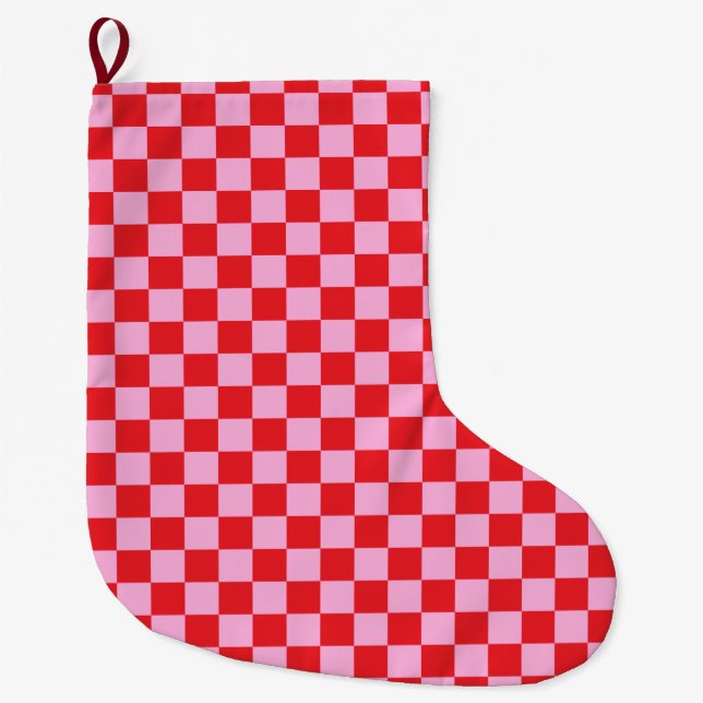 Meia De Natal Grande Bright Red and Light Pink Checkered (Frente)