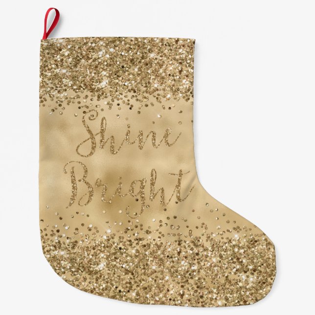 Meia De Natal Grande Brilhante Dourado de Confetti (Frente)