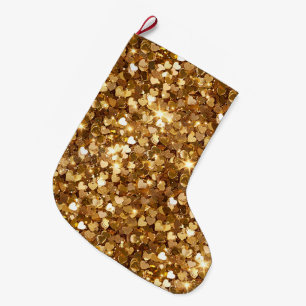 Meia De Natal Grande Brilho Corações Dourados Glam