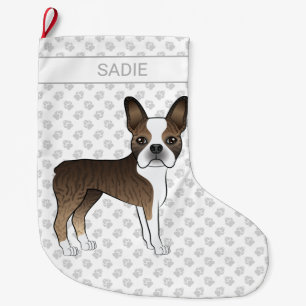 Meia De Natal Grande Brindle Boston Terrier Cartoon Dog & Custom Name