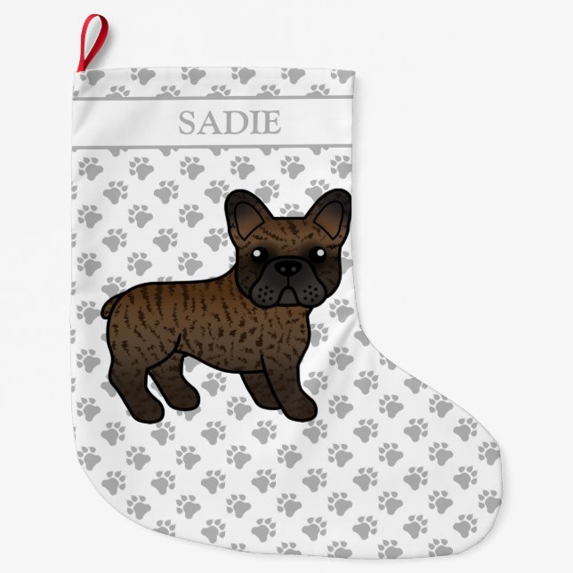 Meia De Natal Grande Brindle French Bulldog Cute Cartoon Dog & Name (Frente)