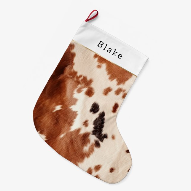 Meia De Natal Grande Brown Cream Southwest Cowhide Christmas (Frente (Pendurada))