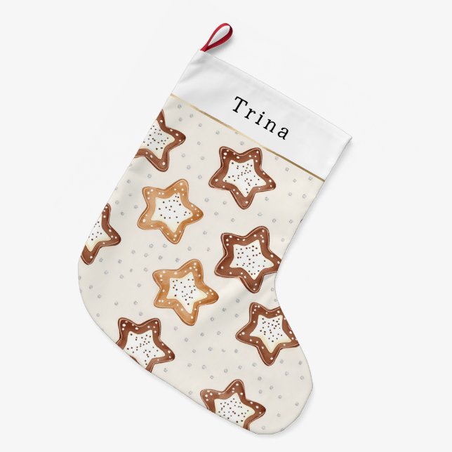 Meia De Natal Grande Brown Cream White Star Cookies Christmas   (Frente (Pendurada))