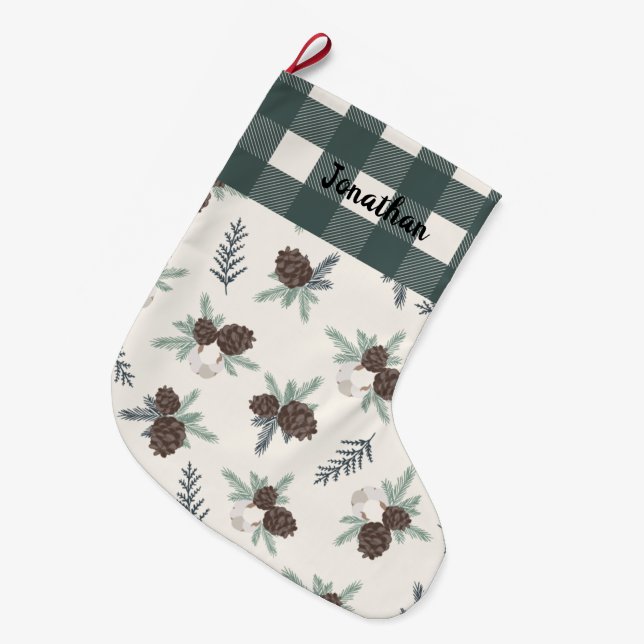 Meia De Natal Grande Buffalo Check Gingham Nome Hunter Green Cute (Frente (Pendurada))