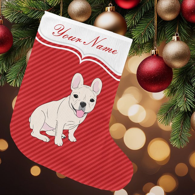 Meia De Natal Grande Buldogue Francês (Red Striped French Bulldog Personalized Christmas Stocking)