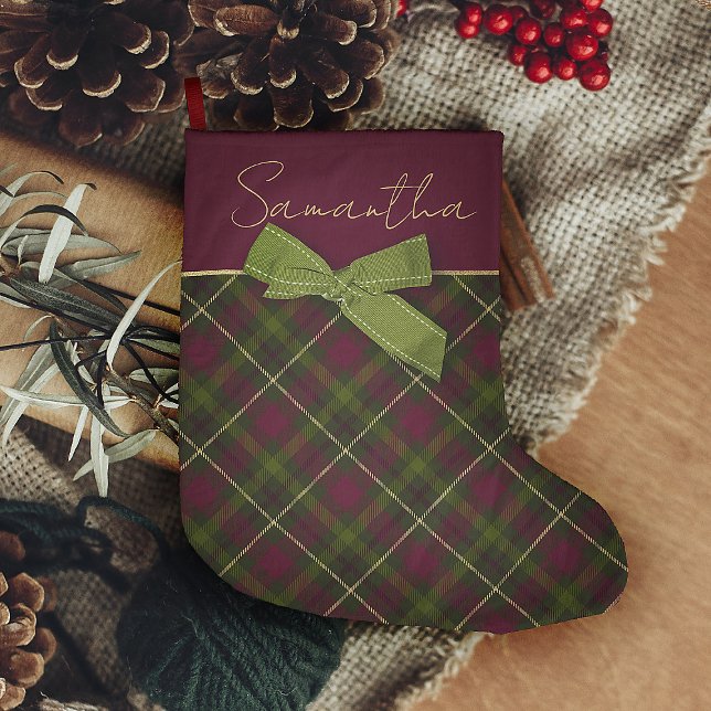 Meia De Natal Grande Burgundy e Xadrez Verde com Nome (farmhouse Christmas Stocking Red and Green with tartan plaid and simulated bow)