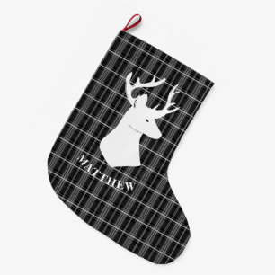 Meia De Natal Grande Cabeça de Stag na Xadrez Preta e Branca