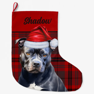 Meia De Natal Grande Cachorro Brilhante Bluenose e Xadrez Vermelha Pers