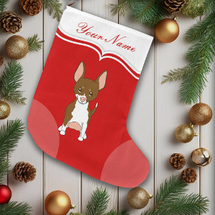 Meia De Natal Grande Cachorro Chihuahua Cartoon Fofo Nome Marrom Branco
