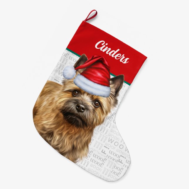 Meia De Natal Grande Cachorro de Natal com o nome Woof Background (Frente (Pendurada))
