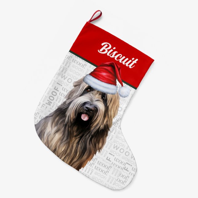 Meia De Natal Grande Cachorro de Natal com o nome Woof Background (Frente (Pendurada))