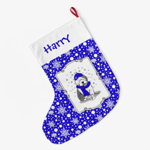 Meia De Natal Grande Cachorro de Ovelino Inglês (Cinza 1), de cor azul-