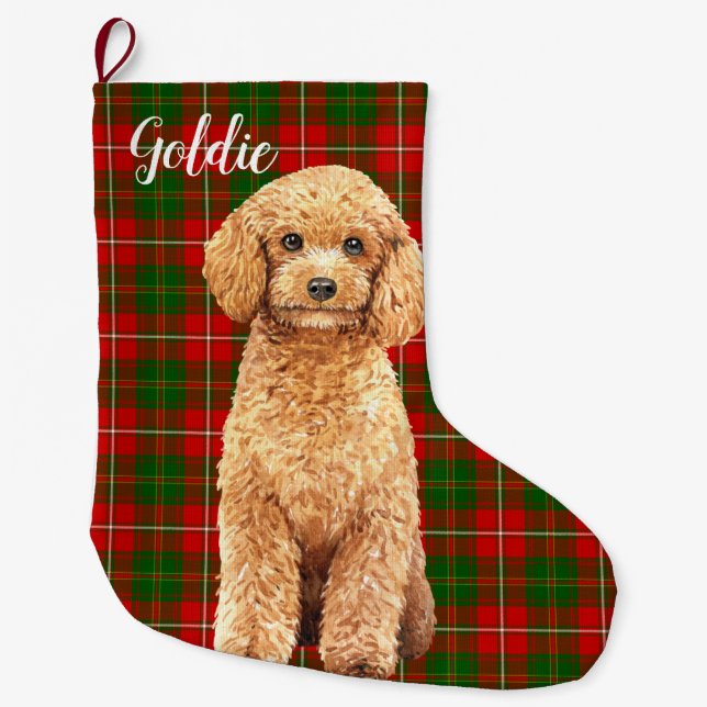 Meia De Natal Grande Cachorro de Poodle Apricot Aquarela Personalizado (Frente)