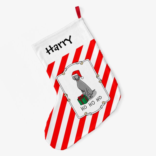 Meia De Natal Grande Cachorro do Weimaraner do Papai Noel (cinza 1) (Verso (Pendurada))