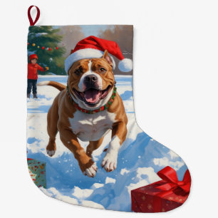 Meia De Natal Grande Cachorro Pitbull Correndo na Neve com Chapéu de Na
