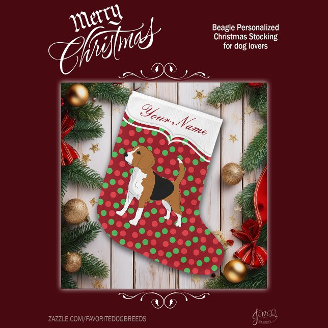 Meia De Natal Grande Cachorros Cachorros Pontos Vermelhos Personalizado (Personalize this stocking with a name to make a great addition to your holiday decor.)