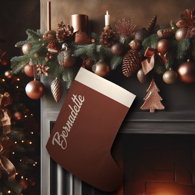 Meia De Natal Grande Caligrafia por Beige de Natal Castanho (brown christmas stocking personalized copper name calligraphy)