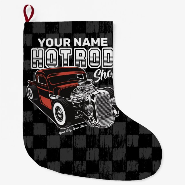 Meia De Natal Grande Caminhão de Garagem de Compro de Hot Rod Personali (Frente)