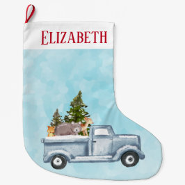 Meia De Natal Grande Caminhão de Natal com Pinheiros e Animais Floresta