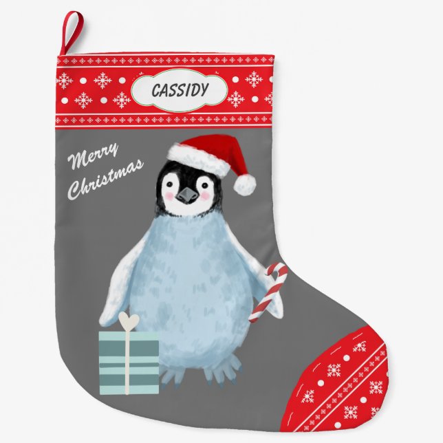 Meia De Natal Grande Canas de Penguin Cute Cute Border Flocos de neve (Frente)
