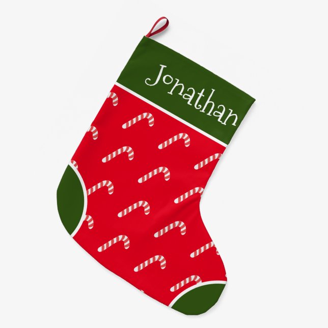 Meia De Natal Grande Candy Cane Red & White Typografia Nome Grande (Frente (Pendurada))