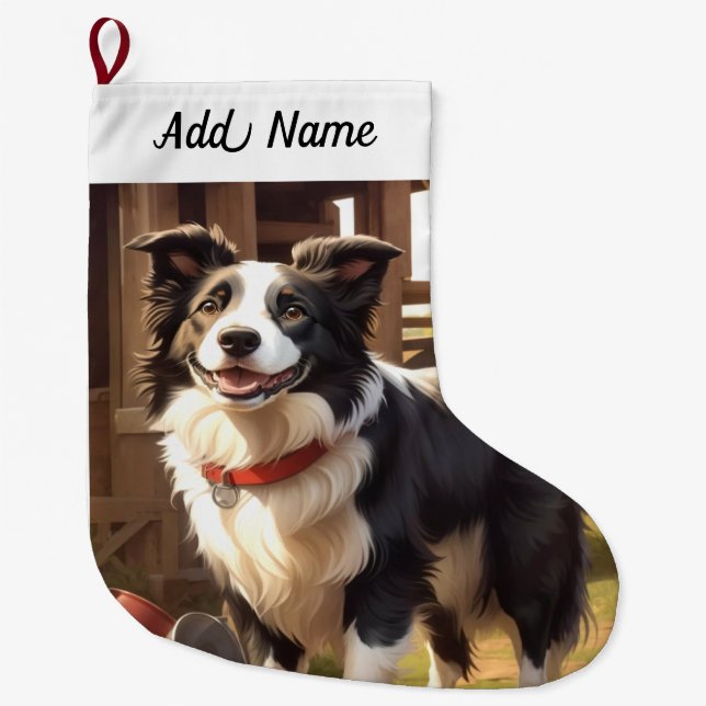 Meia De Natal Grande Cão Border Collie (Frente)