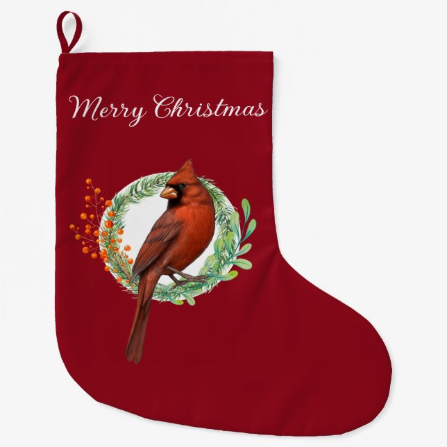 Meia De Natal Grande Cardinal On A Wreath Christmas Stocking (Frente)