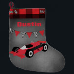 Meia De Natal Grande Carro Race com Sinalizadores Verificados<br><div class="desc">Personalize essa estocagem adicionando um nome a essa estocagem de corridas com bandeiras controladas,  fundo do quadro e borda da xadrez de Buffalo.</div>