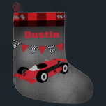 Meia De Natal Grande Carro Race com Sinalizadores Verificados<br><div class="desc">Personalize essa estocagem adicionando um nome a essa estocagem de corridas com bandeiras controladas,  fundo do quadro e borda da xadrez de Buffalo.</div>