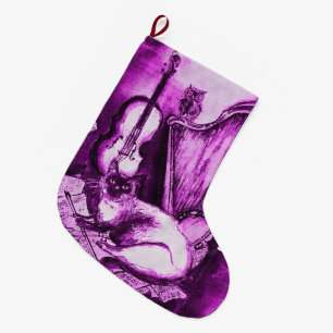 MEIA DE NATAL GRANDE CAT MUSICAL COM VIOLINO DA CORUJA E HARPA, BRANCO