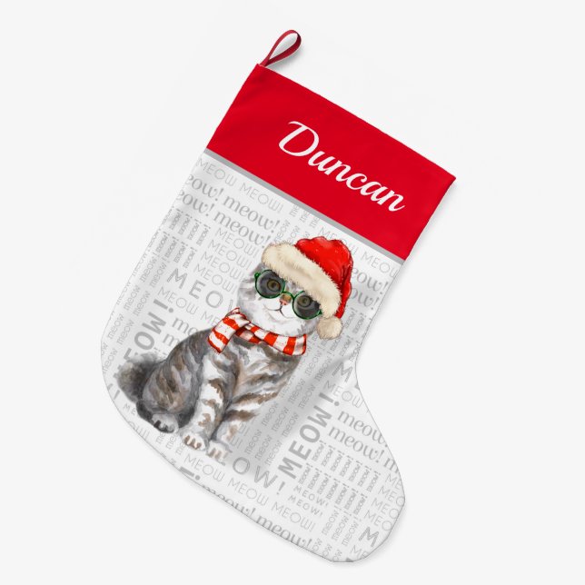 Meia De Natal Grande Cat's Name Scottish Fold Cat Christmas (Frente (Pendurada))
