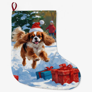 Meia De Natal Grande Cavalier King Charles Spaniel na neve com Natal 