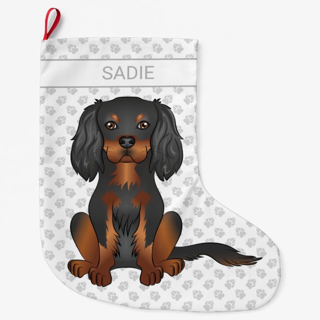 Meia De Natal Grande Cavalier King Charles Spaniel Preto e Dourado & No (Frente)