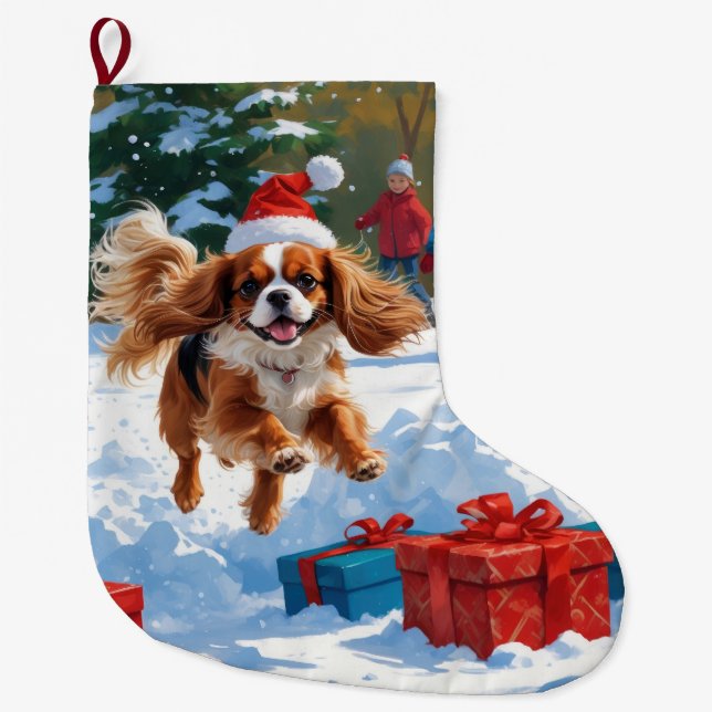 Meia De Natal Grande Cavalier King Charles Spaniel Snow com Natal (Frente)