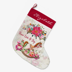 Meia De Natal Grande Cavalo Antochado Vitoriano e Poinsettia